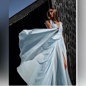 Mac Duggal 55321 Powder Blue Pleated Chiffon Sleeveless V-Neck Gown 12